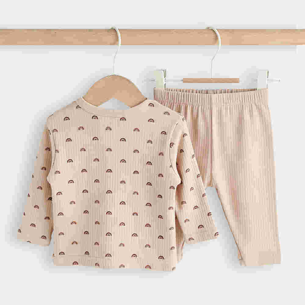 Babies Basic Ribbed Cotton Printed Short Sleeves T-shirt and Pyjama Set 6-12 Months Beige M745-TO-BEI-6-12-2PC - Image 7