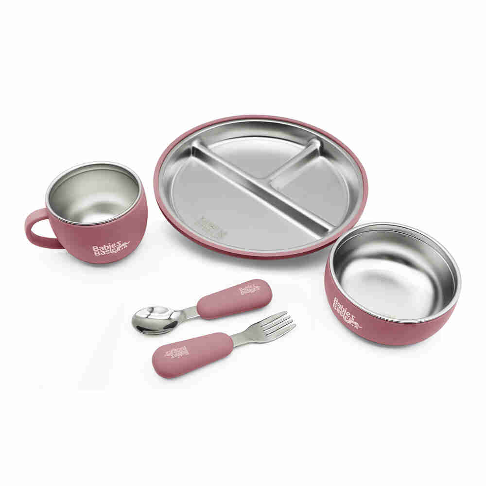 Babies Basic Stainless Steel Plate Bowl and Cup with Silicone Sleeve and Silicone handle Spoon and Fork for Kids Dusty Pink 12276-FEE-DUS-5PC