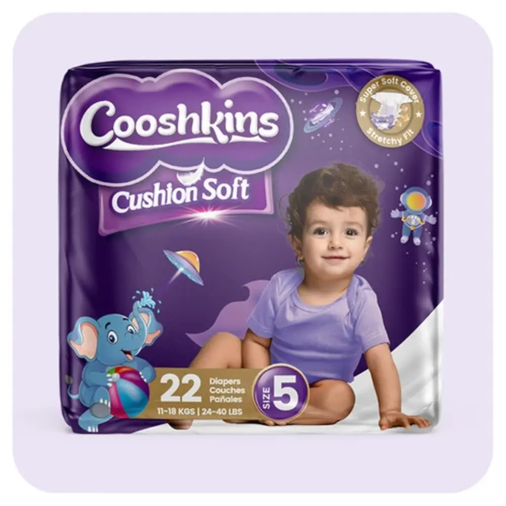 Cooshkins Cushion Soft Baby Diapers Size 5, 22 Count - Super Soft Cover, Stretchy Fit, Leak Guard, Quick Absorb Core, Hypoallergenic, For 11-18 Kg 24-40 Lbs Babies - 31317