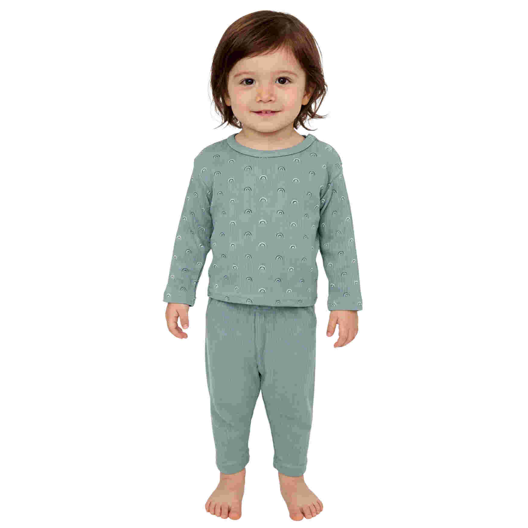 Babies Basic Ribbed Cotton Printed Short Sleeves T-shirt and Pyjama Set 6-12 Months Green M745-TO-GRE-6-12-2PC