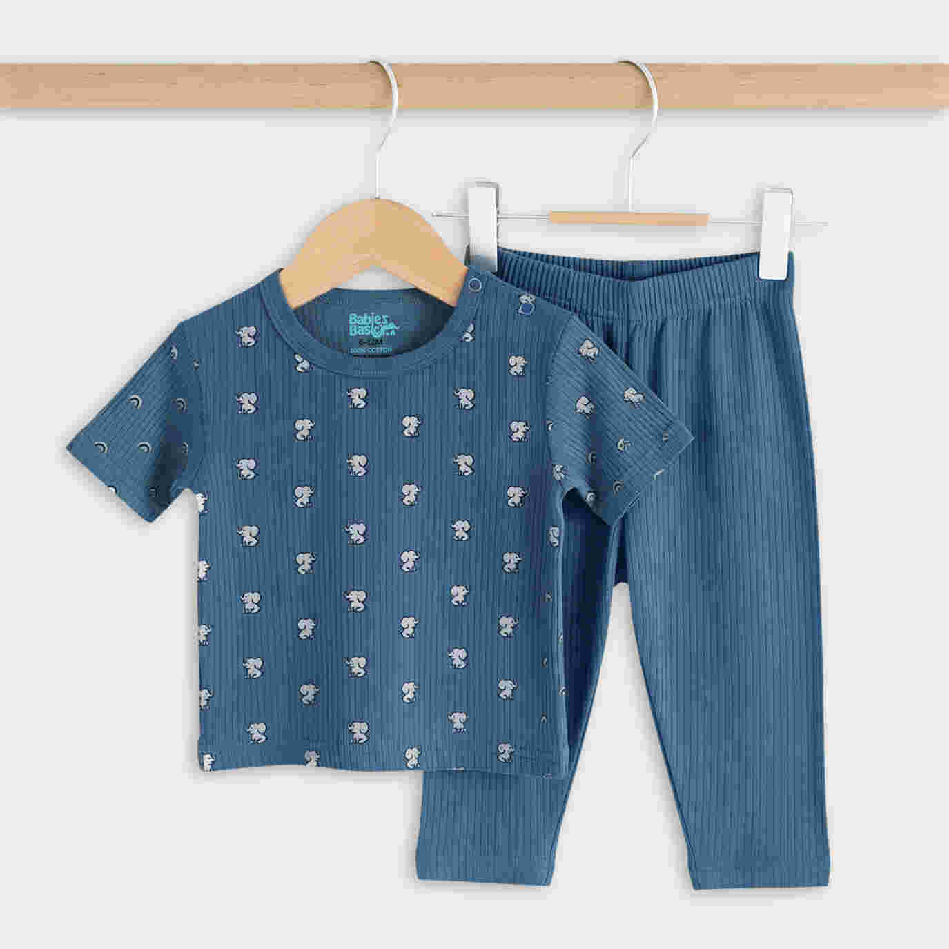 Babies Basic Ribbed Cotton Printed Short Sleeves T-shirt and Pyjama Set 12-18 Months Blue M726-TO-BLU-12-18-2PC - Image 5
