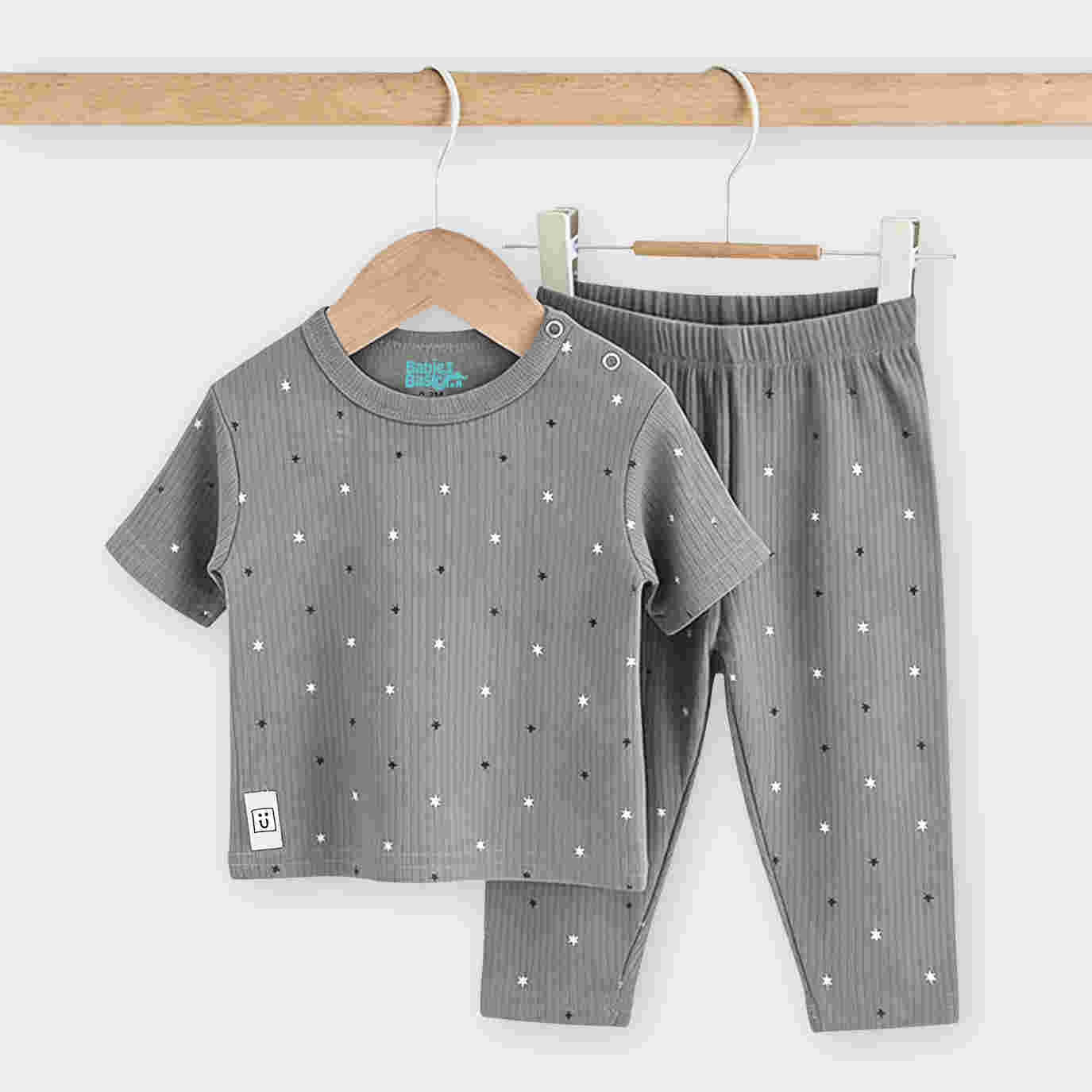 Babies Basic Ribbed Cotton Printed Short Sleeves T-shirt and Printed Pyjama Set 0-3 Months Gray M713-SH-GRA-0-3-2PC - Image 5