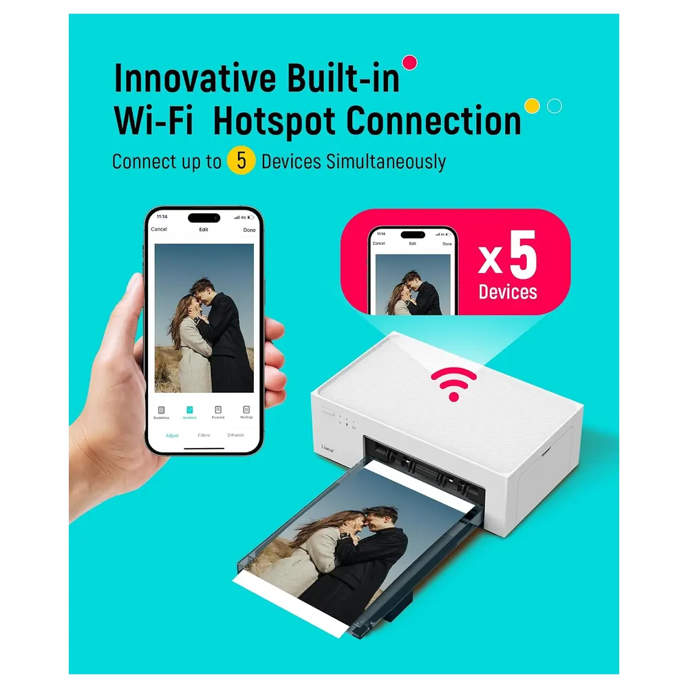 Liene Amber M100 4x6 Inch Wi-Fi Photo Printer Bundle with 100 Sheets and 3 Cartridges, Dye Sublimation Instant Prints for iPhone, Android and PC, White - Image 7