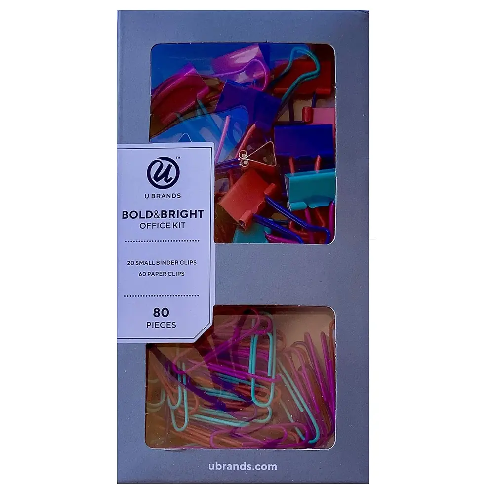 U Brands Bold and Bright Office Kit, 80 Pieces with 20 Small Binder Clips and 60 Paper Clips in Bright Assorted Colours