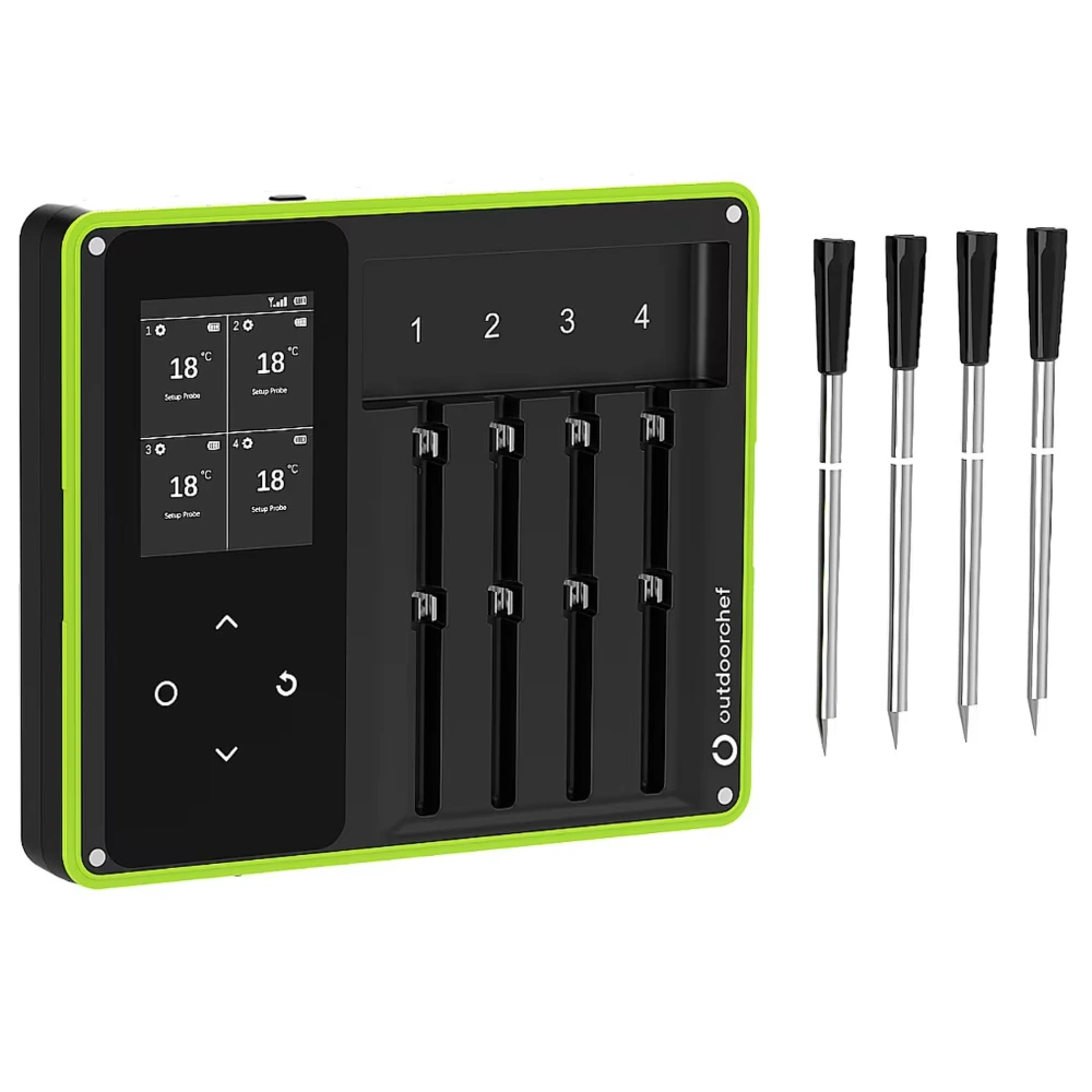 Outdoorchef Easy Check Wireless Meat Thermometer Quattro, Bluetooth BBQ Thermometer, 200m Range, App and Standalone Dock - 14.491.96