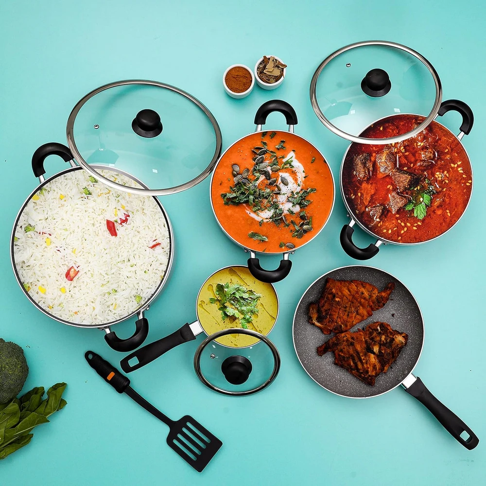 Delcasa DC1889 Non-Stick Cookware Set with Granite Coating, Aluminium Body, Tempered Glass Lid, Bakelite Handle, Dishwasher-Safe, Multi - Image 4