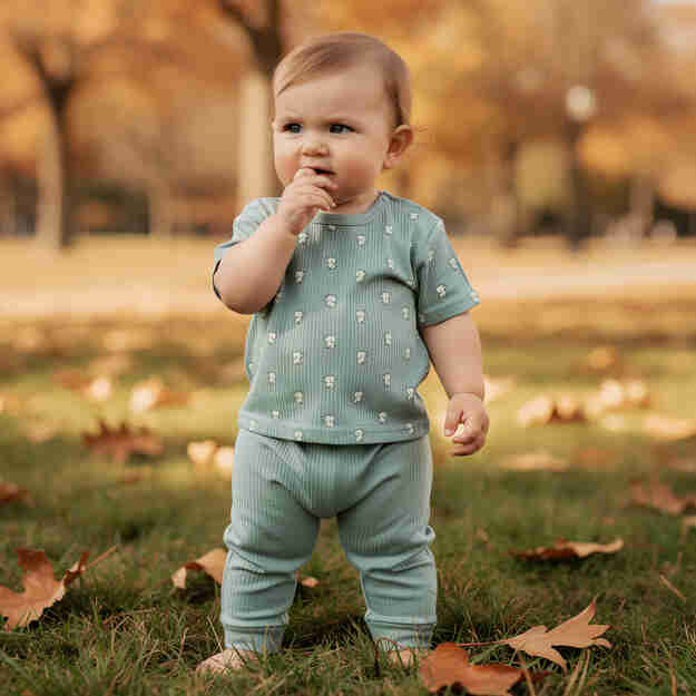 Babies Basic Ribbed Cotton Printed Short Sleeves T-shirt and Pyjama Set 0-3 Months Green M726-TO-GRE-0-3-2PC - Image 2