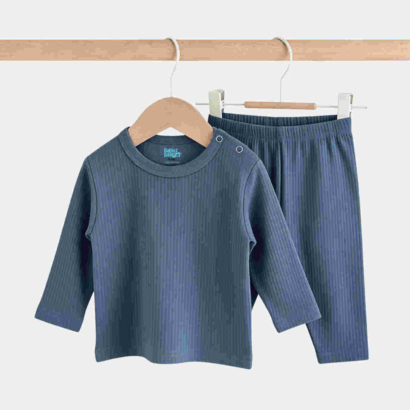 Babies Basic Ribbed Cotton Long Sleeves Top and Bottom Set 0-3 Months Blue M719-PL-BLU-0-3-2PC - Image 5