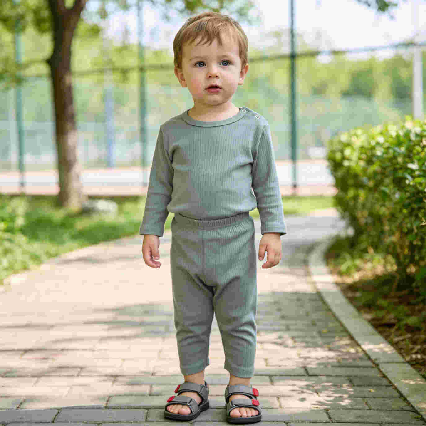 Babies Basic Ribbed Cotton Long Sleeves Top and Bottom Set 12-18 Months Green M719-PL-GRE-12-18-2PC - Image 5