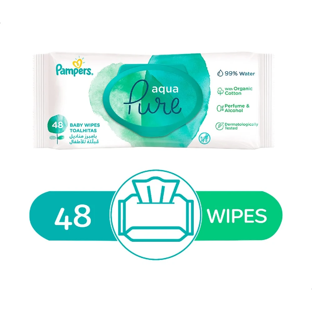 Pampers Aqua Pure Baby Wipes with 99 Percent Pure Water, Fragrance-Free, Gentle for Sensitive Skin, 48 Wipes - PRS-331942 - Image 2
