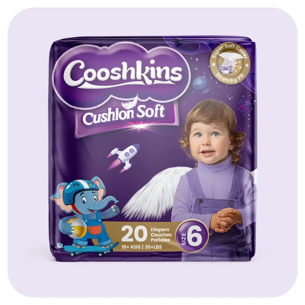 Cooshkins Cushion Soft Baby Diapers Size 6, 20 Count - Super Soft Cover, Stretchy Fit, Leak Guard, Quick Absorb Core, Hypoallergenic, For 16 Kg 35 Lbs Babies - 31324