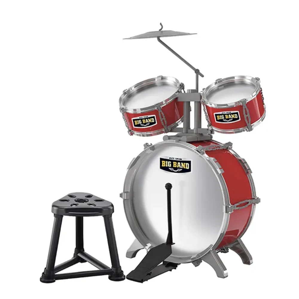 Little Story Kids Drum Set Musical Instrument with Stool, 3 Drums, Cymbal & Drumsticks, Red - LS_JZDR_RD