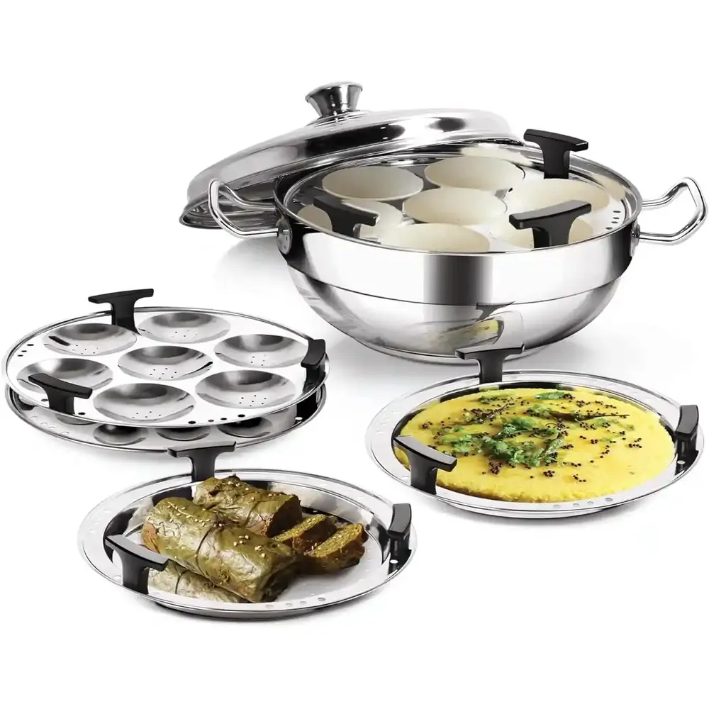 Milton Pro Cook Multipurpose Kadai With LID, 2 - Regular Idli Plate 1 - Mini Idli Plate 1 - Steamer Plate 2 - Dhokla Plate Stainless Steel - 3015854