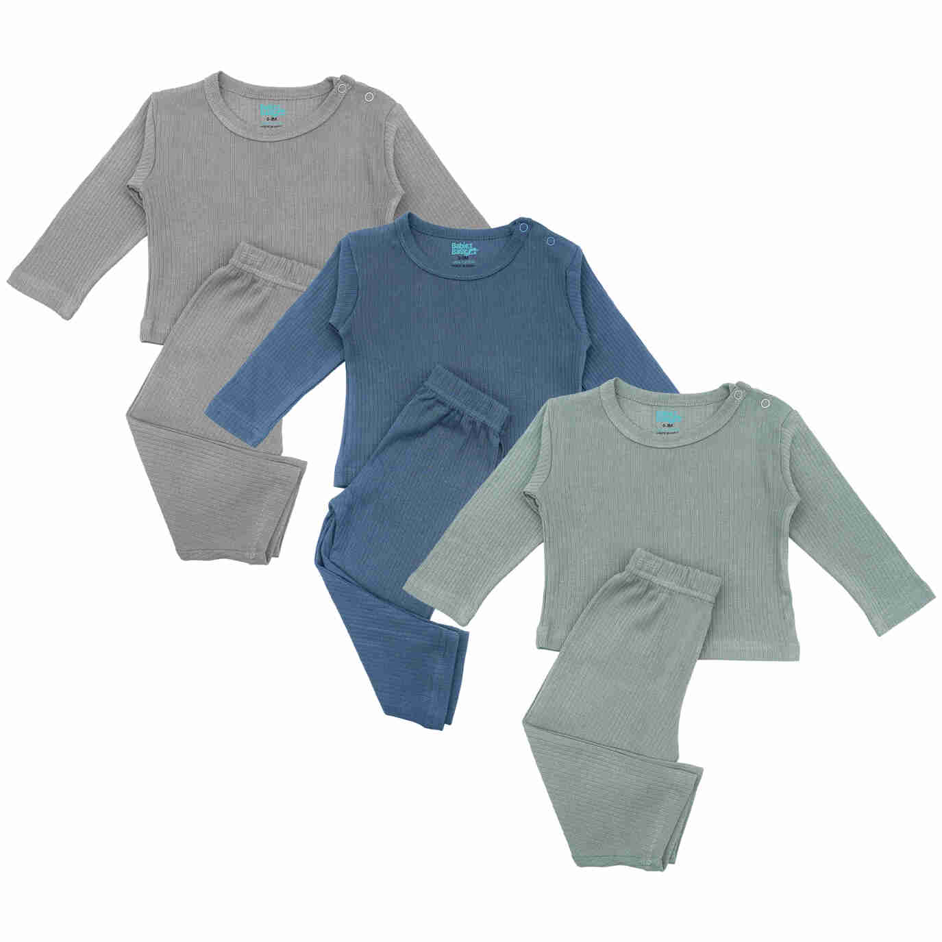 Babies Basic Ribbed Cotton Long Sleeves Top and Bottom Set - Pack of 3 12-18 Months Multi Color M719-PL-MIX-12-18-6PC