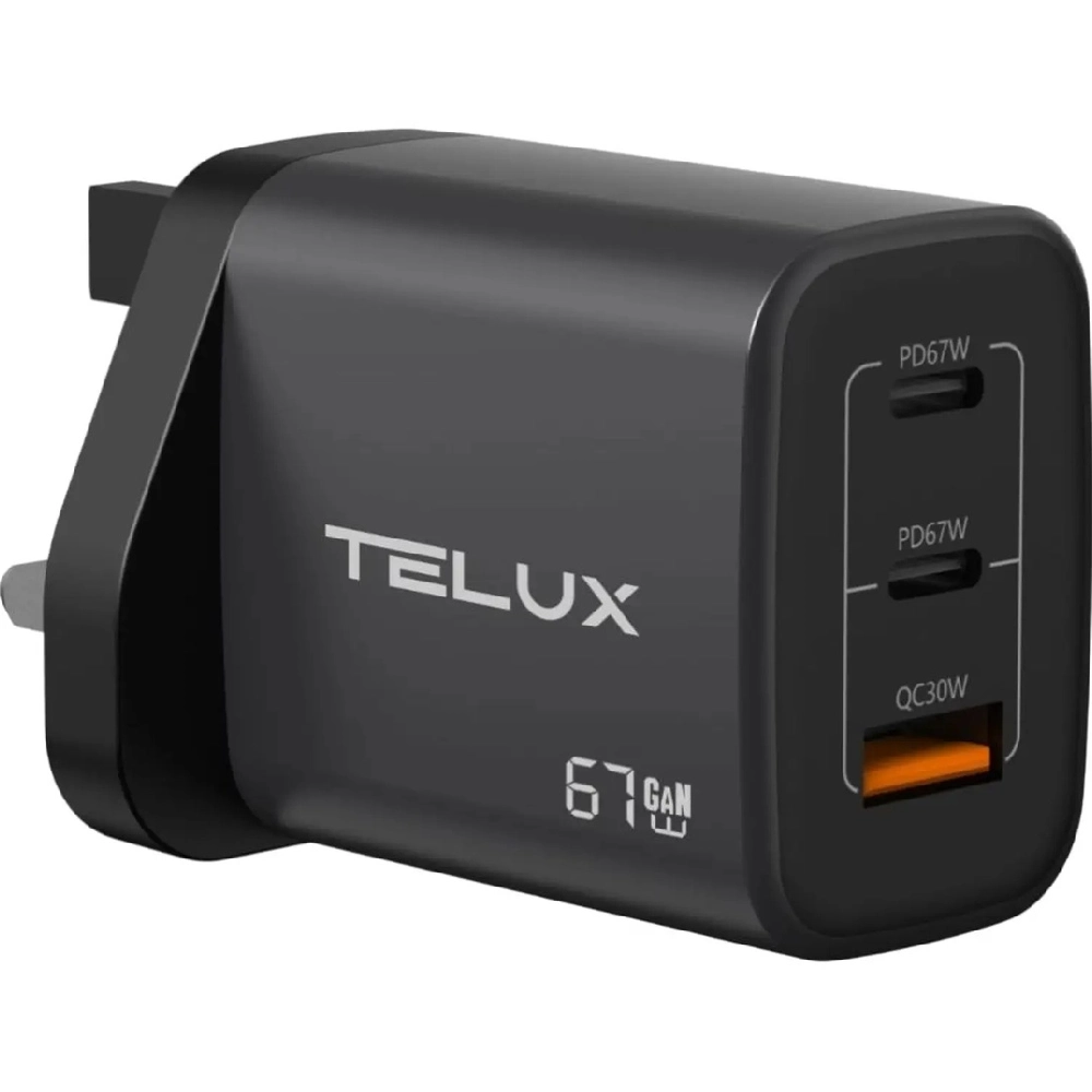 Telux Voltflow PD67 67W Wall Charger with 3 Ports (2C+1A), Distinctive Orange USB-A Port, and Sleek Grey Design for Laptop, iPhone, Samsung, and More (Grey) - TX.VOLTFLO-WCVF67.GY
