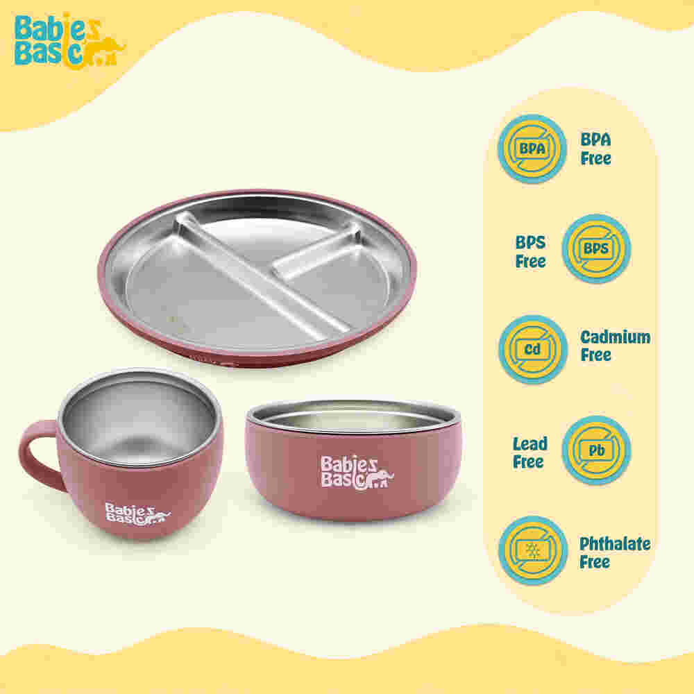 Babies Basic Stainless Steel Plate Bowl and Cup with Silicone Sleeve and Silicone handle Spoon and Fork for Kids Dusty Pink 12276-FEE-DUS-5PC - Image 6