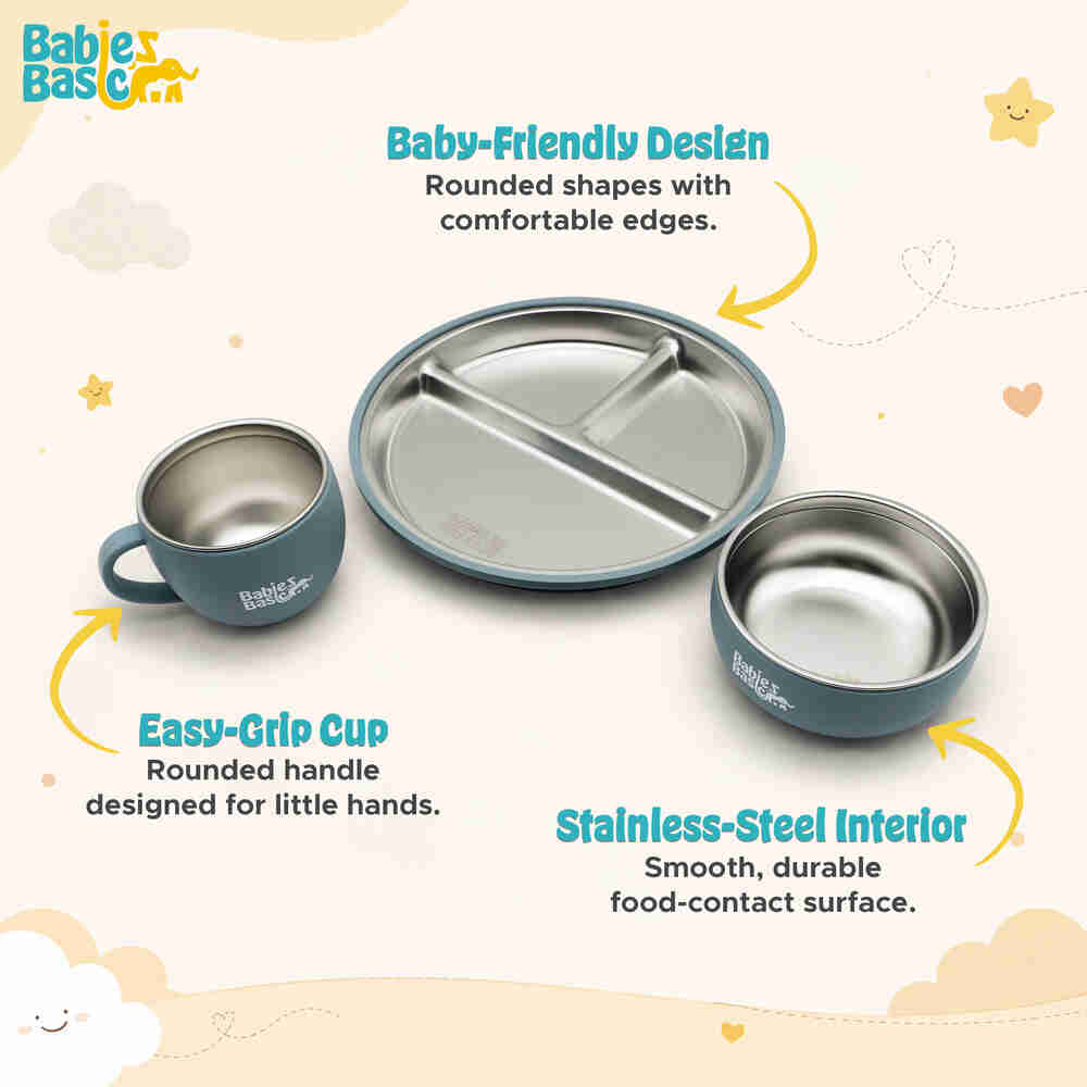 Babies Basic Stainless Steel Plate Bowl and Cup with Silicone Sleeve and Silicone handle Spoon and Fork for Kids Indigo 12276-FEE-IND-5PC - Image 5