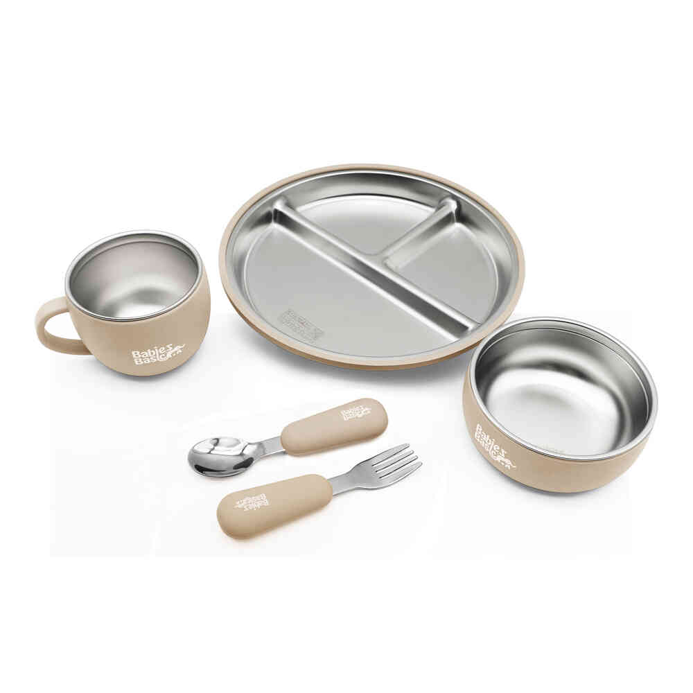 Babies Basic Stainless Steel Plate Bowl and Cup with Silicone Sleeve and Silicone handle Spoon and Fork for Kids Beige 12276-FEE-BEI-5PC