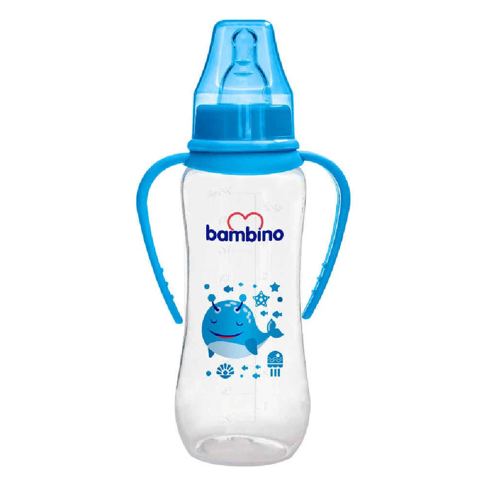 Bambino Classic PP Feeding Bottle with Grip 250 ml, Soft Silicone Medium Flow Nipple, Ergonomic Handles, Wide Neck, BPA-Free, 6-18 Months, Blue - B4057