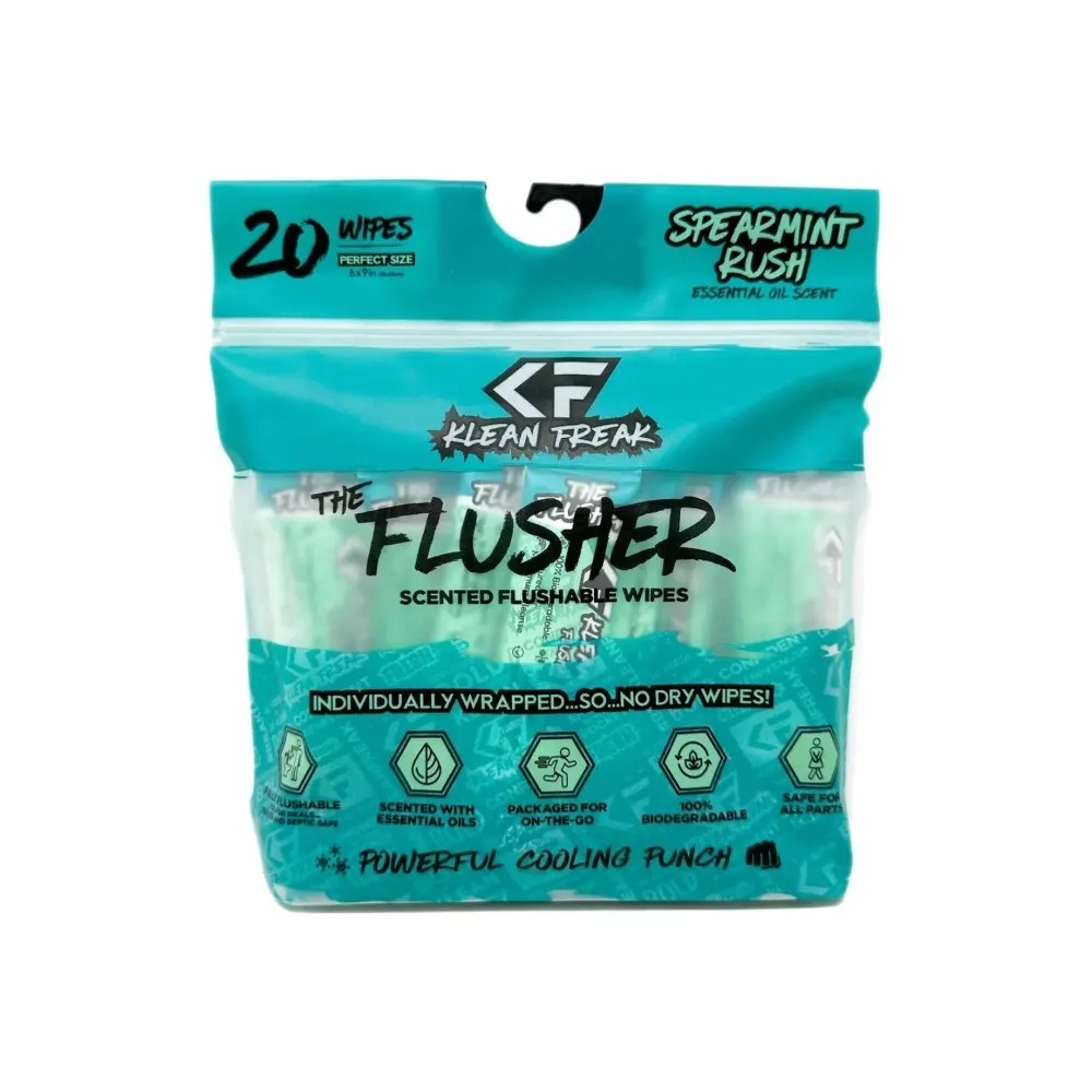 Klean Freak The Flusher Flushable Wipes 20 Pack, Biodegradable Plant Fibre, Alcohol Free, Aloe and Witch Hazel, Spearmint Rush - FLSR20