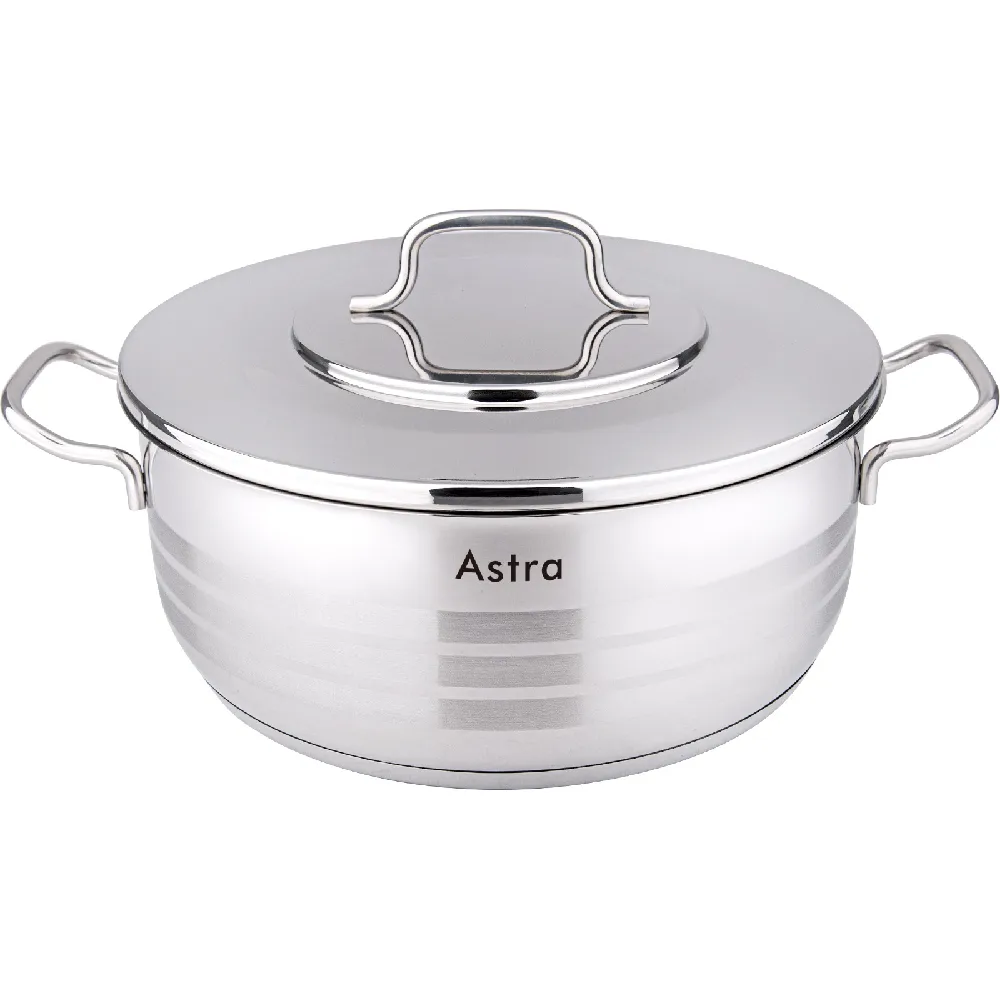 Astra Premium Low Casserole 26 x 10 cm 5.2L, 18-10 Cr-Ni Stainless Steel, Triplex Heavy Bounded Capsule Bottom, Induction Base, Dishwasher Safe, With Lid, Silver - C-AS3126
