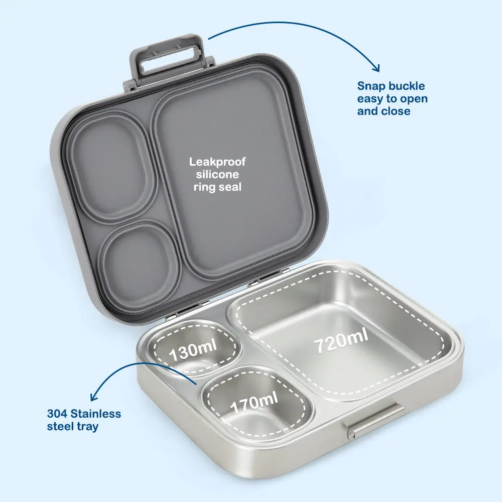 Eazy Kids Premium Stainless Steel Bento Lunch Box W Silicon Lid Grey - EZ_LBSS3COM1020_GY - Image 5