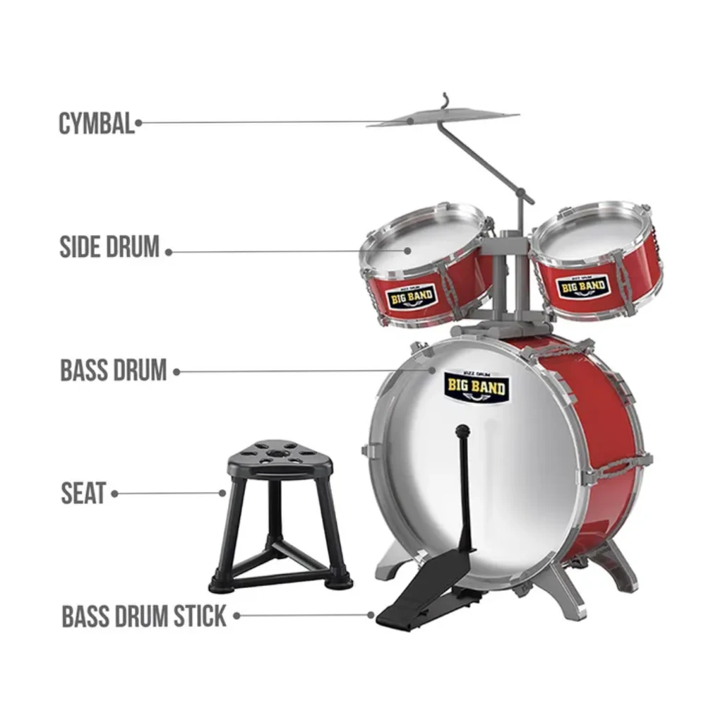 Little Story Kids Drum Set Musical Instrument with Stool, 3 Drums, Cymbal & Drumsticks, Red - LS_JZDR_RD - Image 4