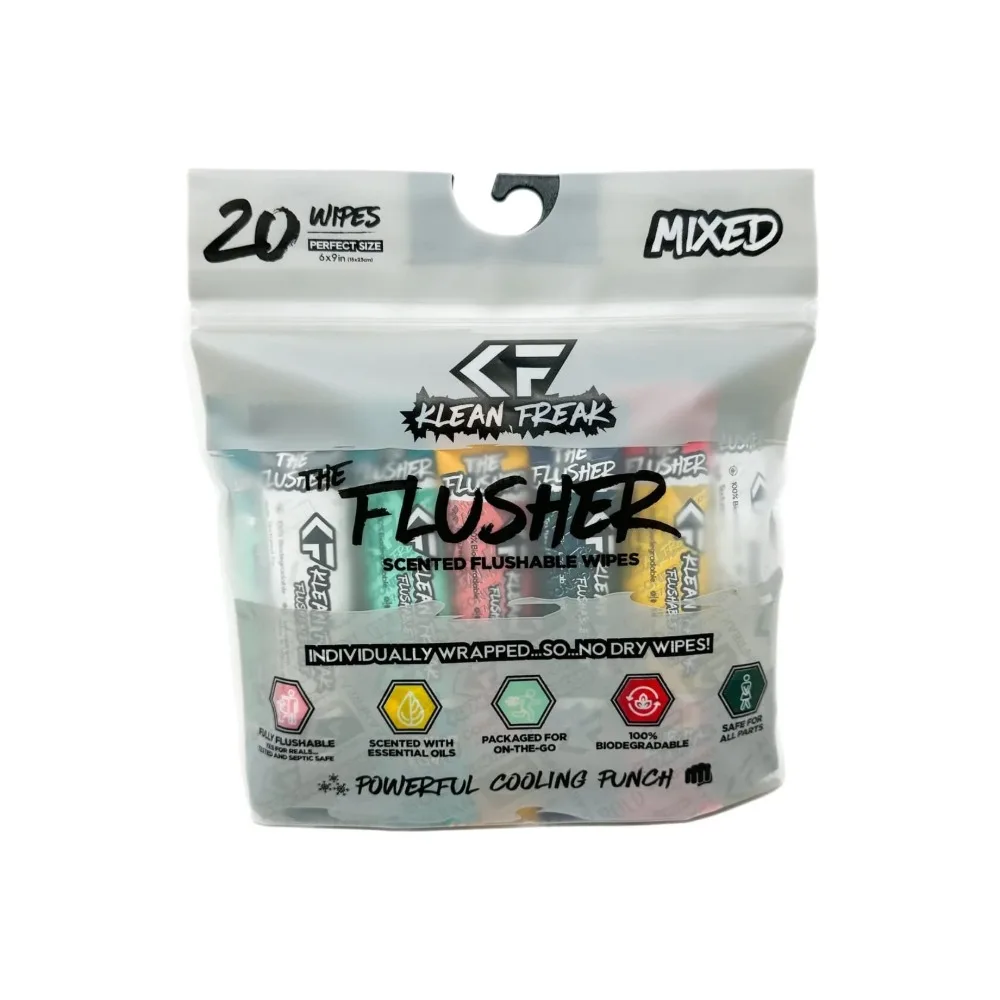 Klean Freak The Flusher Flushable Wipes 20 Pack, Biodegradable Plant Fibre, Alcohol Free, Aloe and Witch Hazel, Mixed Scents - FLMX20