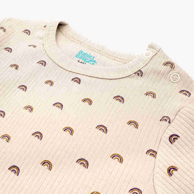 Babies Basic Ribbed Cotton Printed Short Sleeves T-shirt and Pyjama Set 6-12 Months Beige M745-TO-BEI-6-12-2PC - Image 5