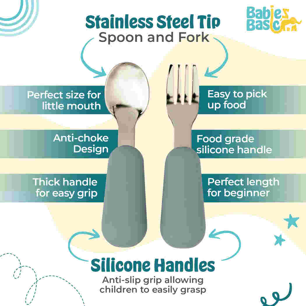 Babies Basic Stainless Steel Plate Bowl and Cup with Silicone Sleeve and Silicone handle Spoon and Fork for Kids Indigo 12276-FEE-IND-5PC - Image 3