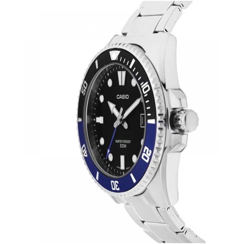 Casio Analog Diver Watch for Men, 46.3mm Stainless Steel Case, Black Dial, Blue-Black Bezel, Stainless Steel Band, 200M Water Resistant, Date Display - MDV-107D-1A2VDF - Image 2