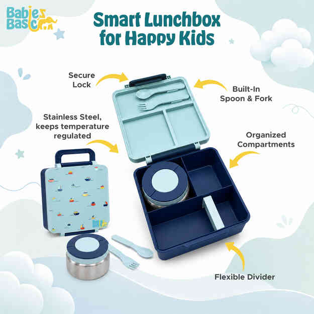 Babies Basic Insulated Bento Lunchbox Built-in Thermos Leakproof Compartments 3+ Years - Blue - Boat 12300-BEN-BLU-BOAT - Image 3