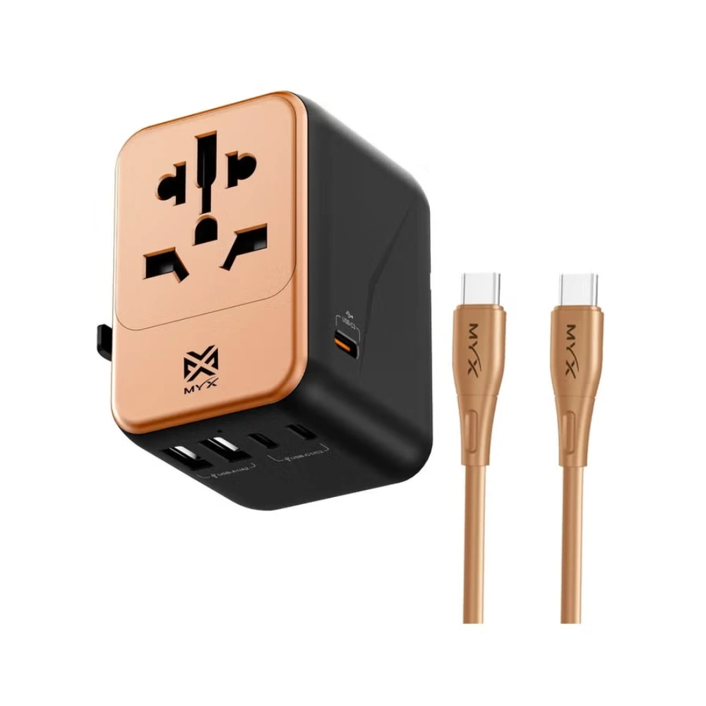 MYX Pro TravelX 35W International Travel Adapter, USB-C PD Fast Charging, 5 USB Ports + AC Outlet, Universal Plug, Gold - MYX TC 35W