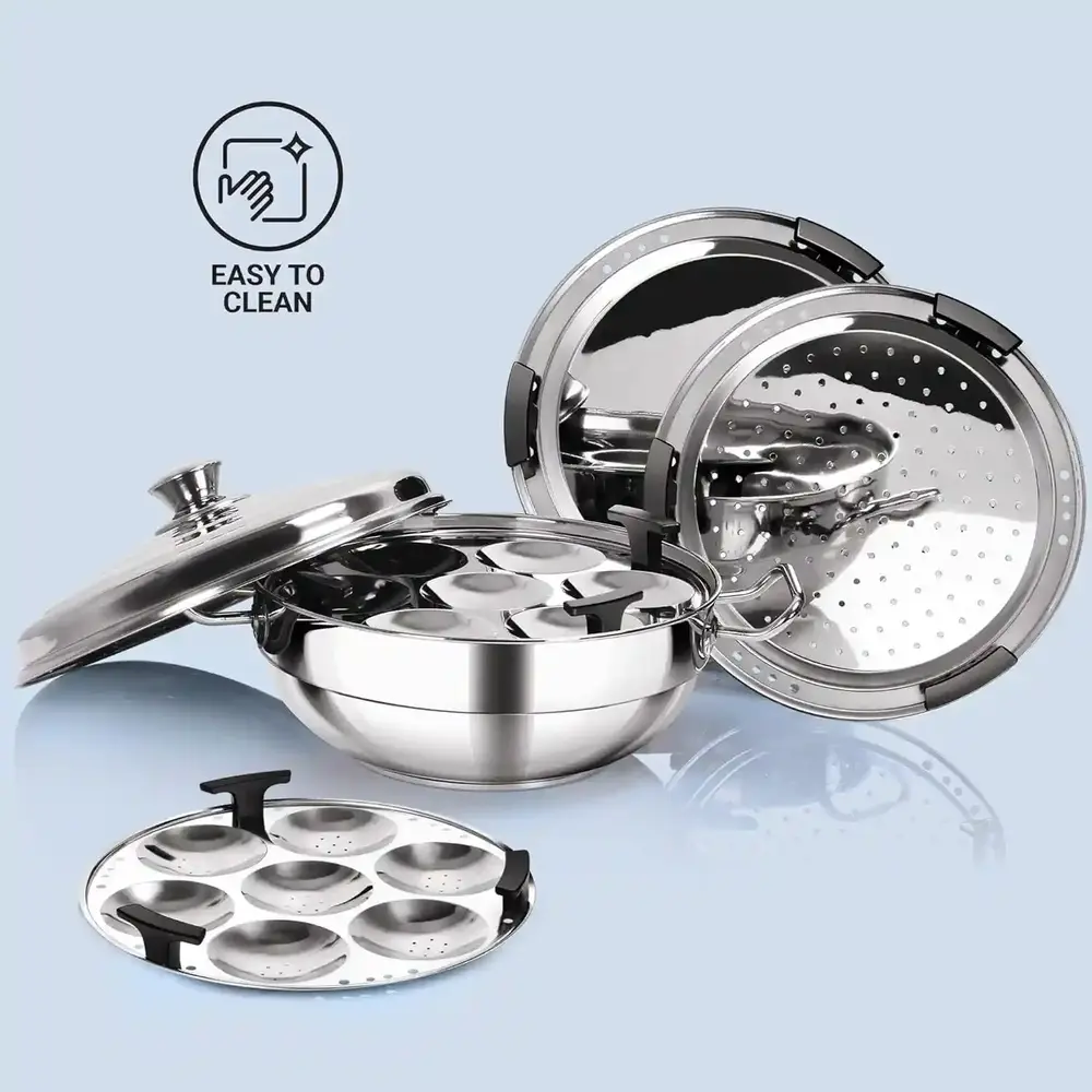 Milton Pro Cook Multipurpose Kadai With LID, 2 - Regular Idli Plate 1 - Mini Idli Plate 1 - Steamer Plate 2 - Dhokla Plate Stainless Steel - 3015854 - Image 7