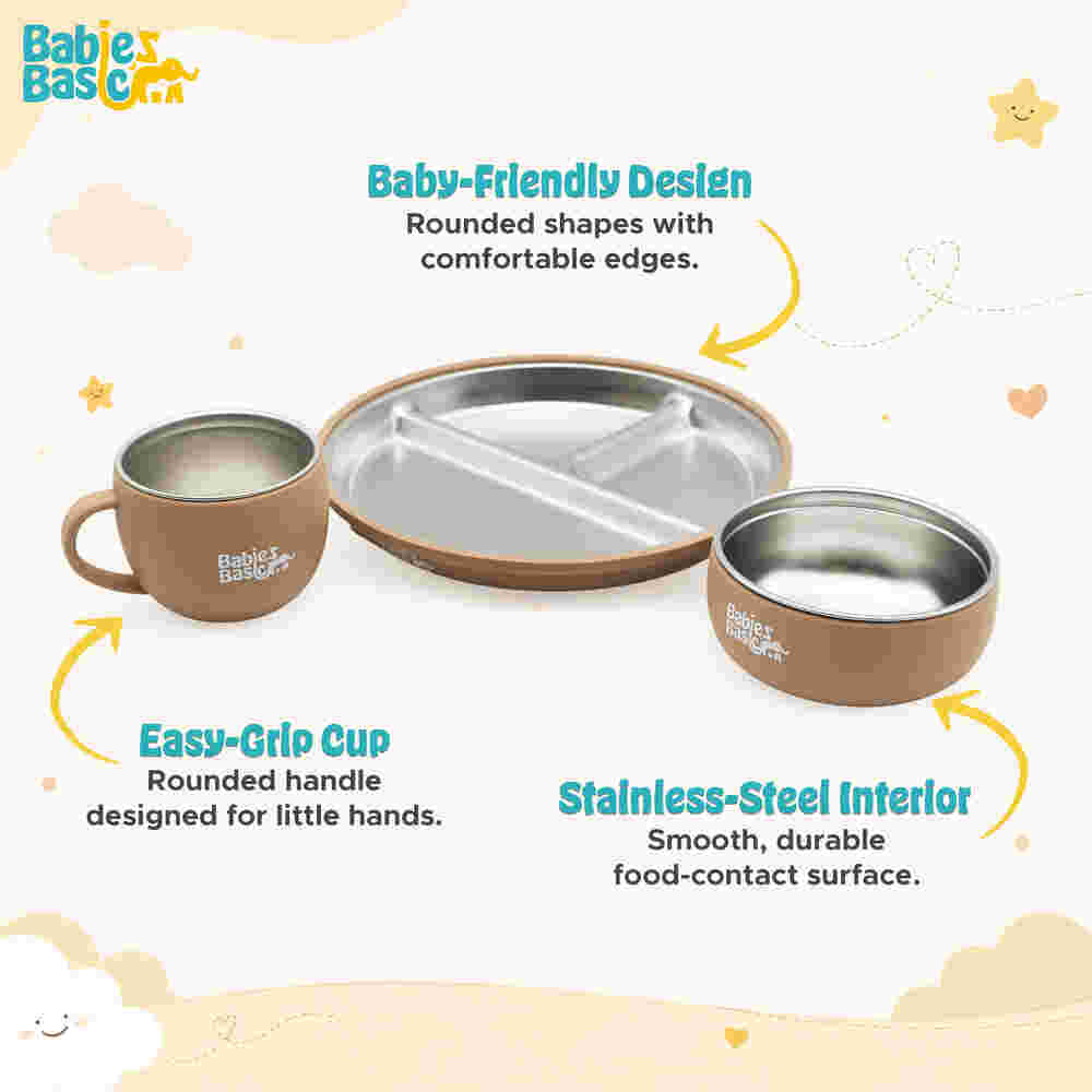 Babies Basic Stainless Steel Plate Bowl and Cup with Silicone Sleeve and Silicone handle Spoon and Fork for Kids Brown 12276-FEE-BRO-5PC - Image 6