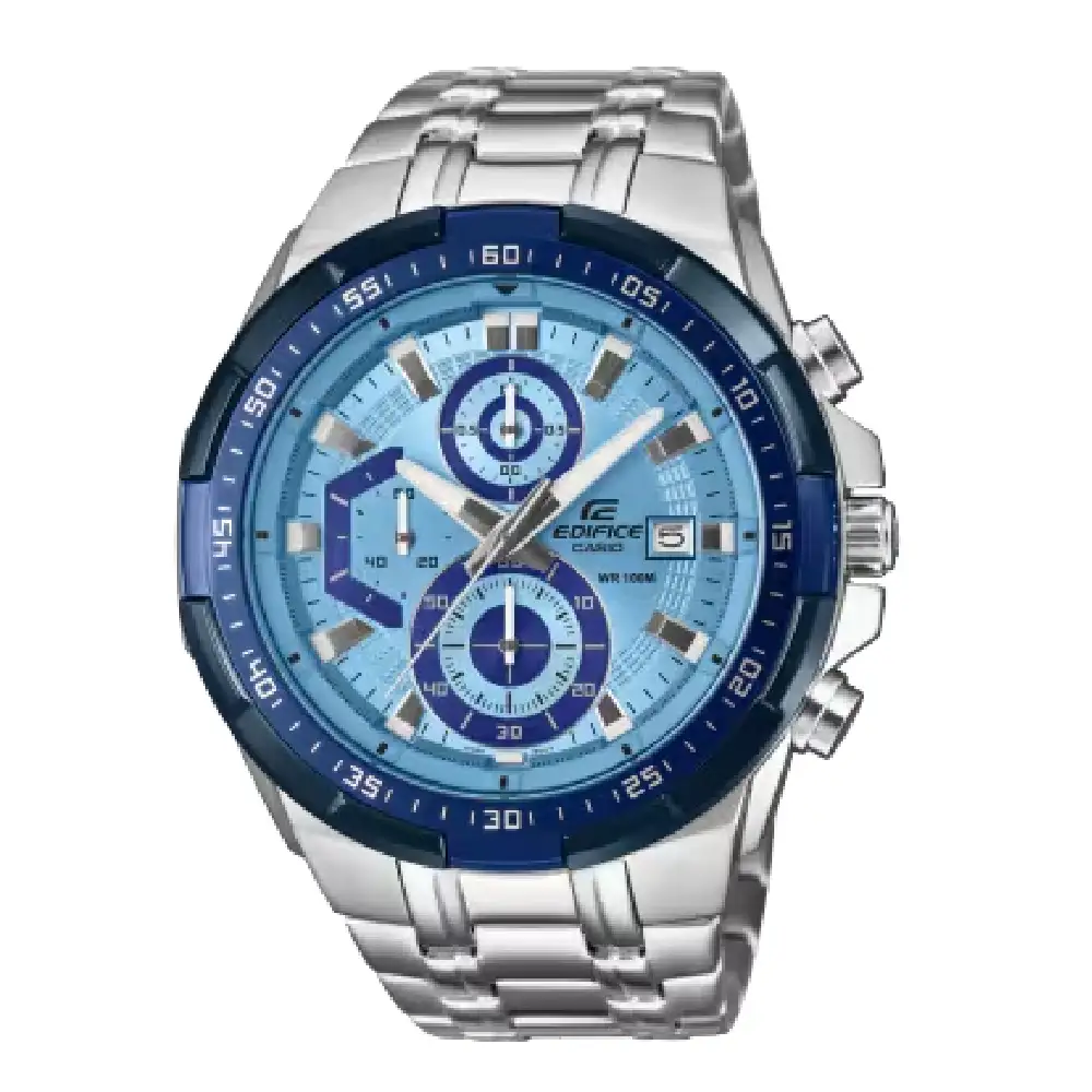 Casio Edifice, EFR-539DE-2AVUDF, Mens Chronograph Watch, Analog, Stainless Steel Band, Mineral Glass, 1 10 Second Stopwatch, Date Display, 100M Water Resistant, Blue Dial with Silver Stainless Steel and Gray Ion Plated Bezel