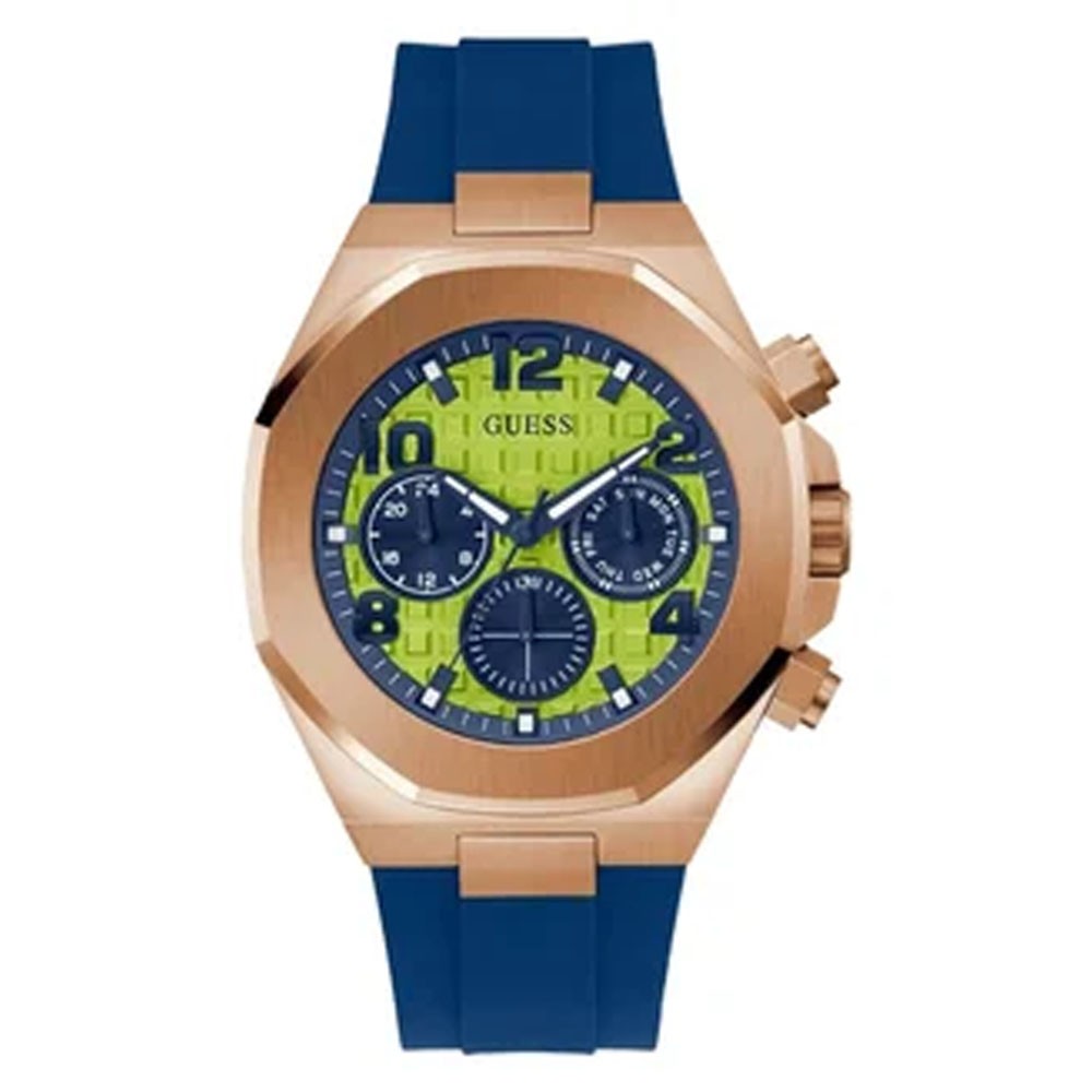 Guess Mens Multifunction Green Dial Watch with 46mm Rose Gold-Tone Stainless Steel Case, Blue Silicone Strap, Quartz Movement and 50M Water Resistance - GW0583G3
