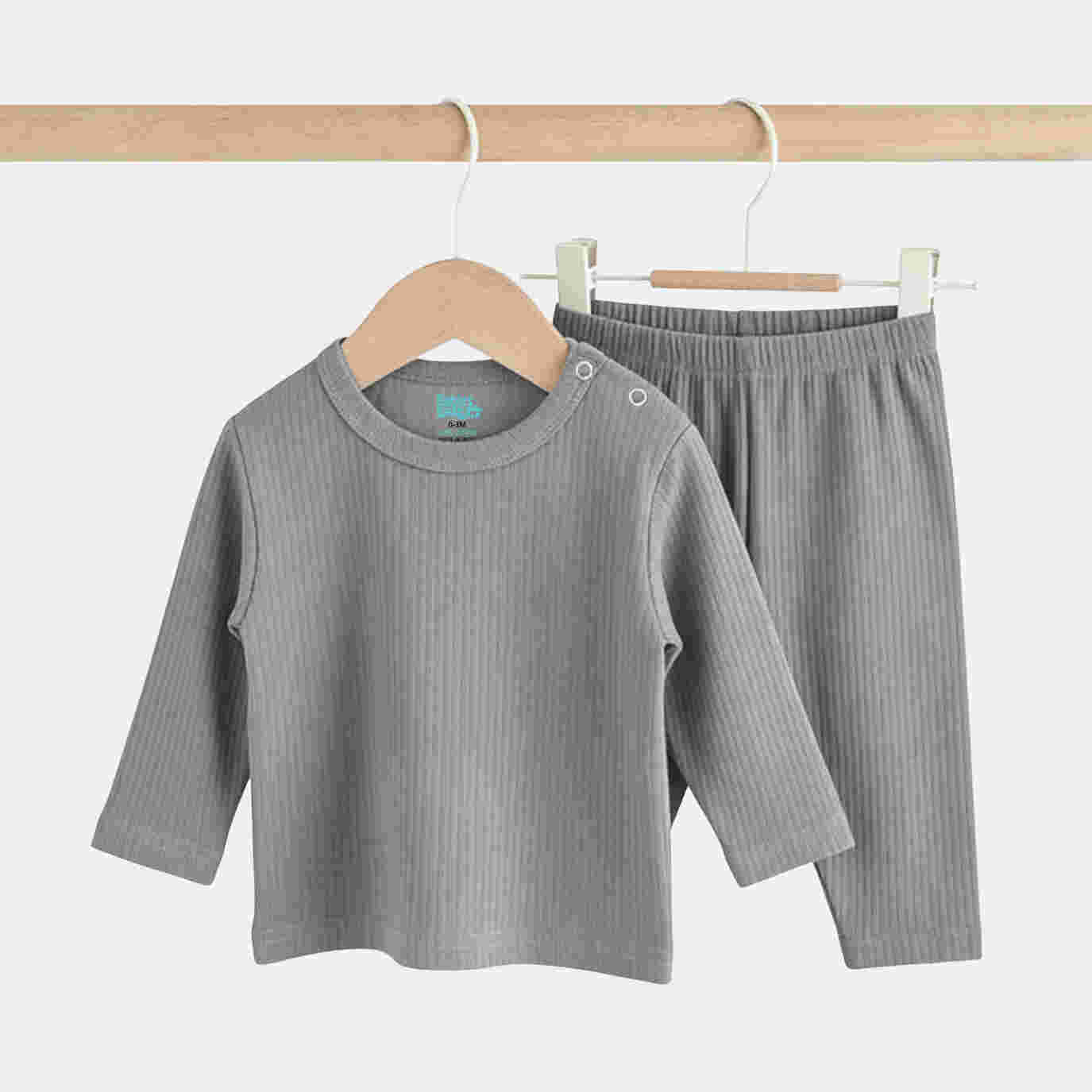 Babies Basic Ribbed Cotton Long Sleeves Top and Bottom Set 12-18 Months Gray M719-PL-GRA-12-18-2PC - Image 5