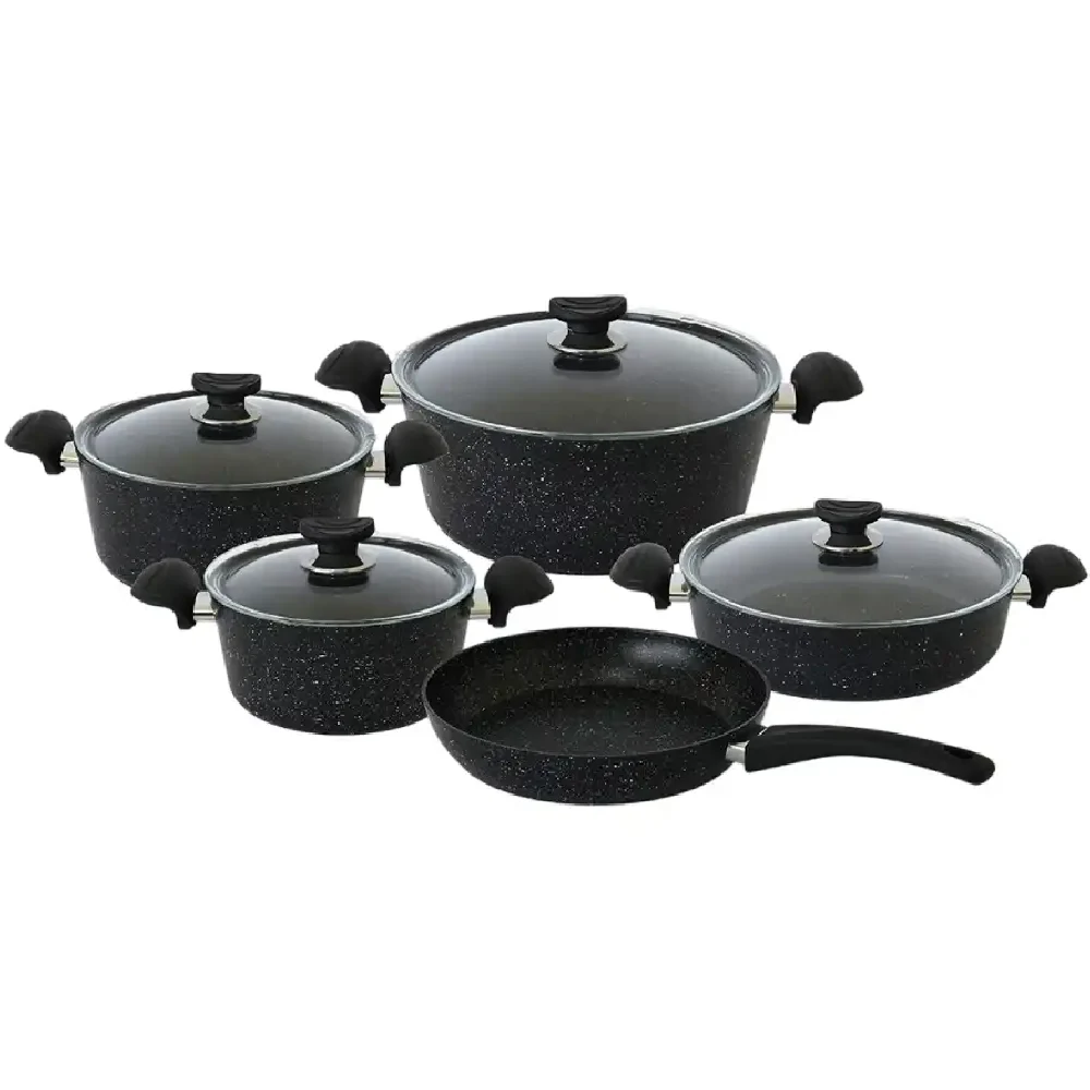 OMS 9-Piece Granitec Non-Stick Cookware Set with 4 Casseroles & Frying Pan, Black, Made in Turkey - 3102 Black