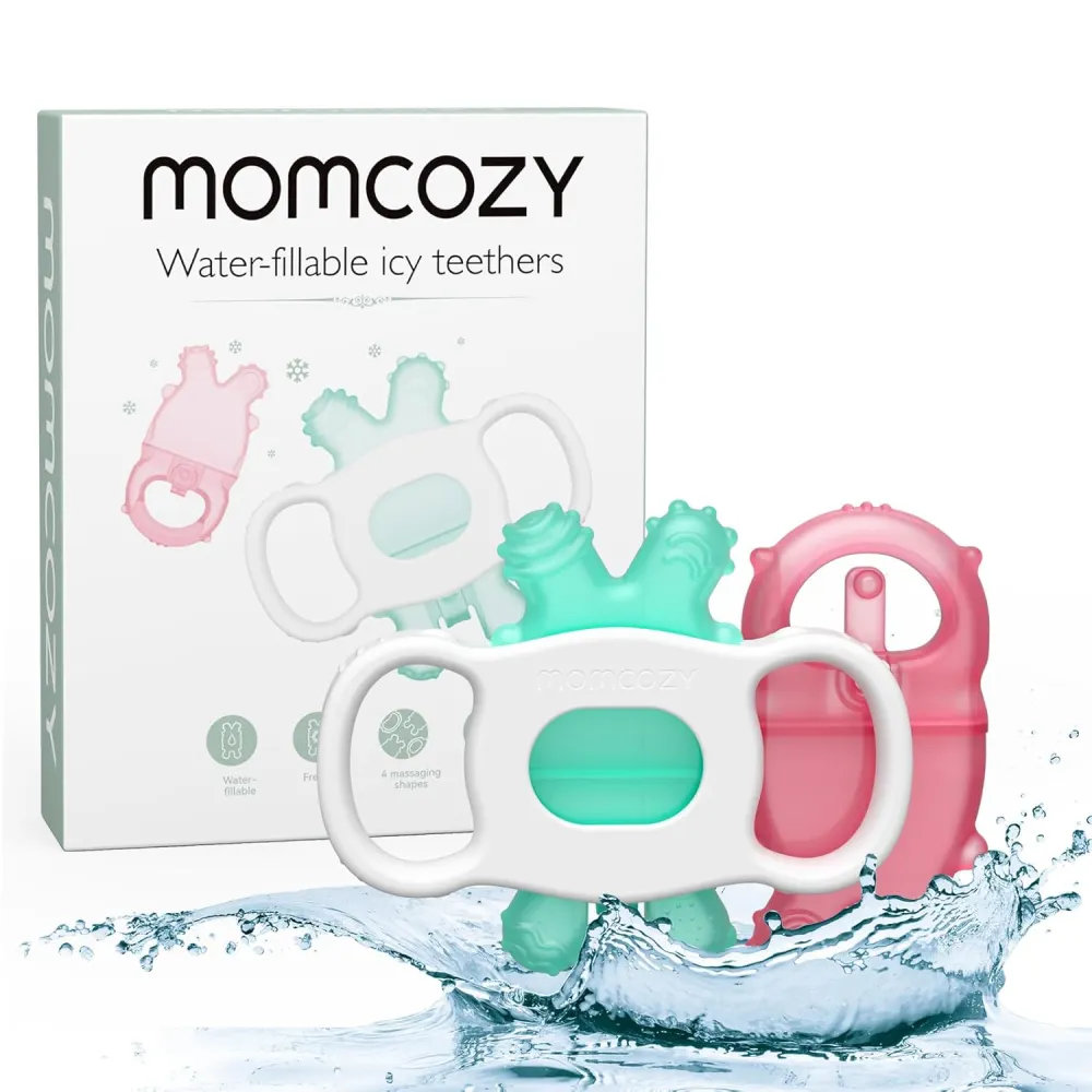 Momcozy Baby Teether Toys, Cooling Water-Filled Silicone Teethers, BPA-Free Food-Grade Silicone, 2-Piece Set, Dual-Head Grip, Dishwasher & Steam Sterilizer Safe, Green & Pink - 840506400405