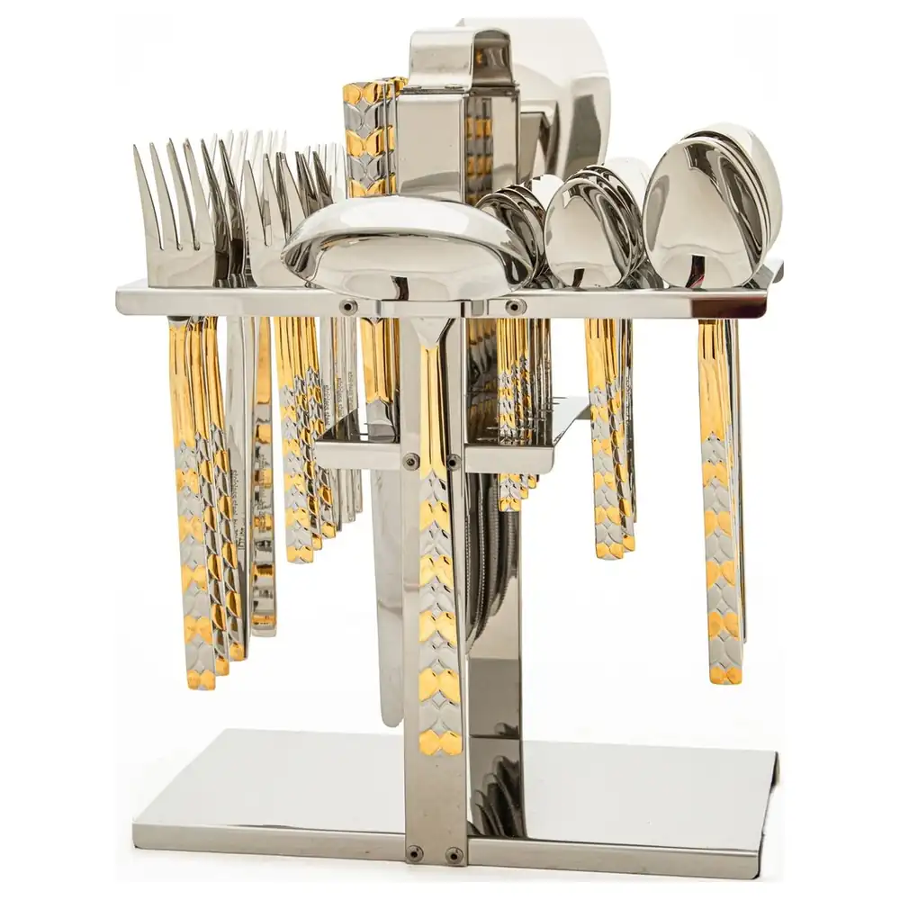 Zolten Moon Stainless Steel Cutlery Set 38 Pieces with Stand, Gold Patterned Handles, Mirror Finish, Service for 6 - ZL0713852