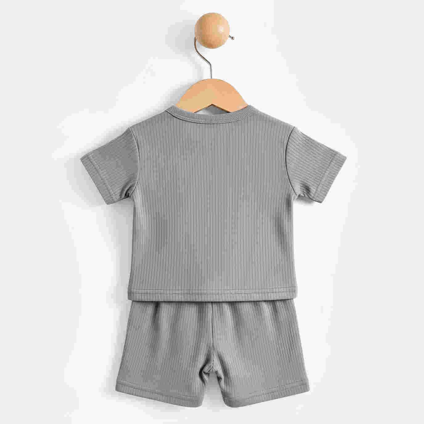 Babies Basic Ribbed Cotton Short Sleeves T-shirt and Plain Shorts Set 6-12 Months Gray M714-TO-GRA-6-12-2PC - Image 4