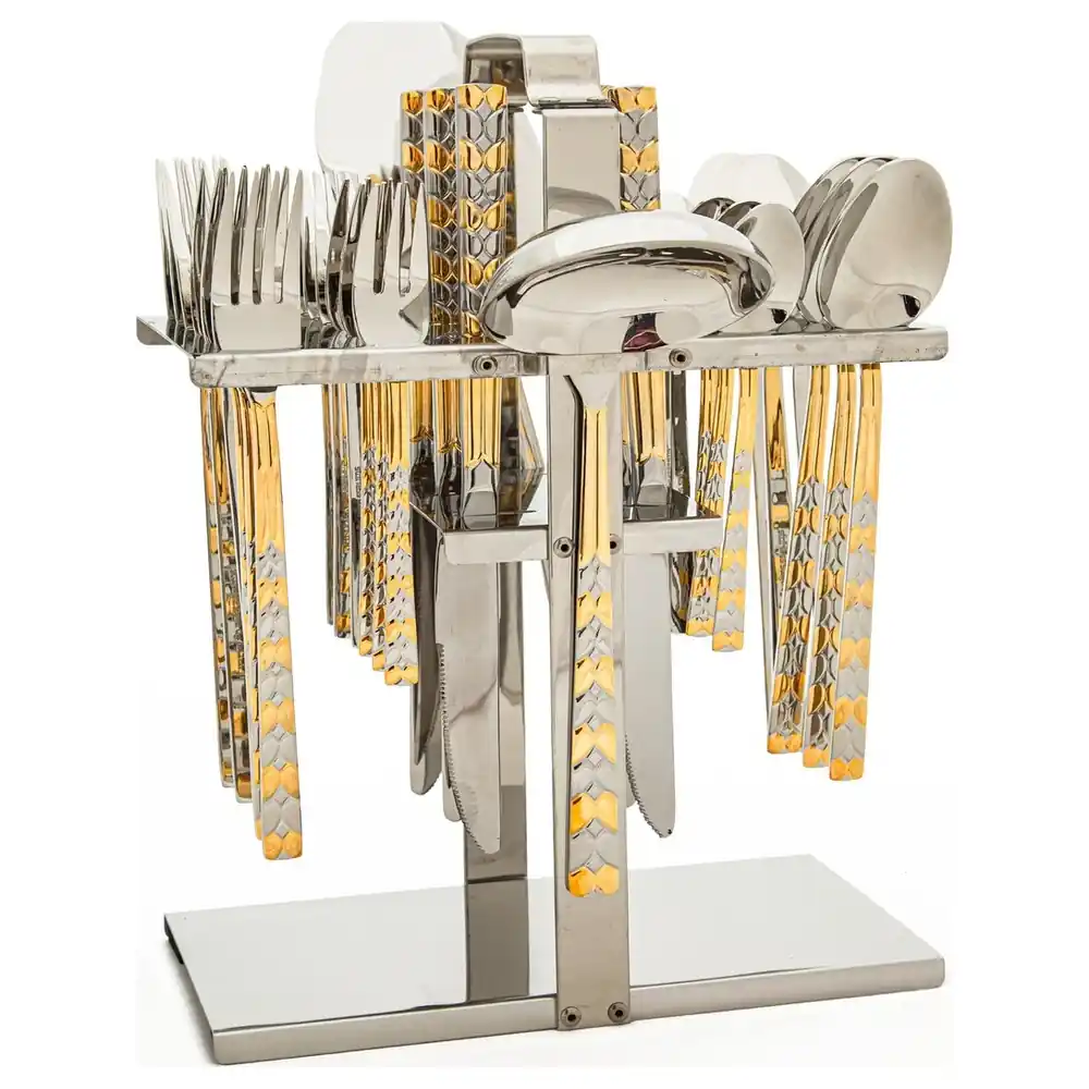 Zolten Moon Stainless Steel Cutlery Set 32 Pieces with Stand, Gold Patterned Handles, Mirror Finish, Service for 6 - ZL0713848