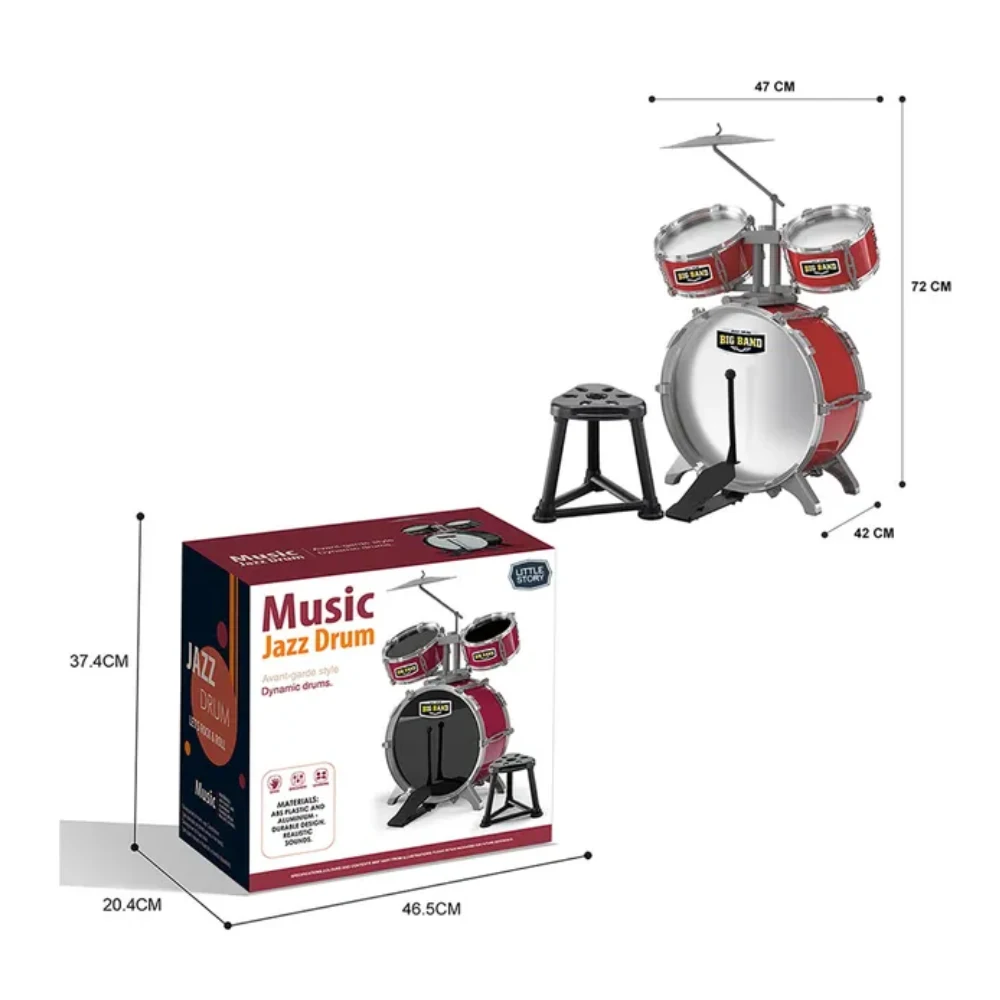 Little Story Kids Drum Set Musical Instrument with Stool, 3 Drums, Cymbal & Drumsticks, Red - LS_JZDR_RD - Image 5