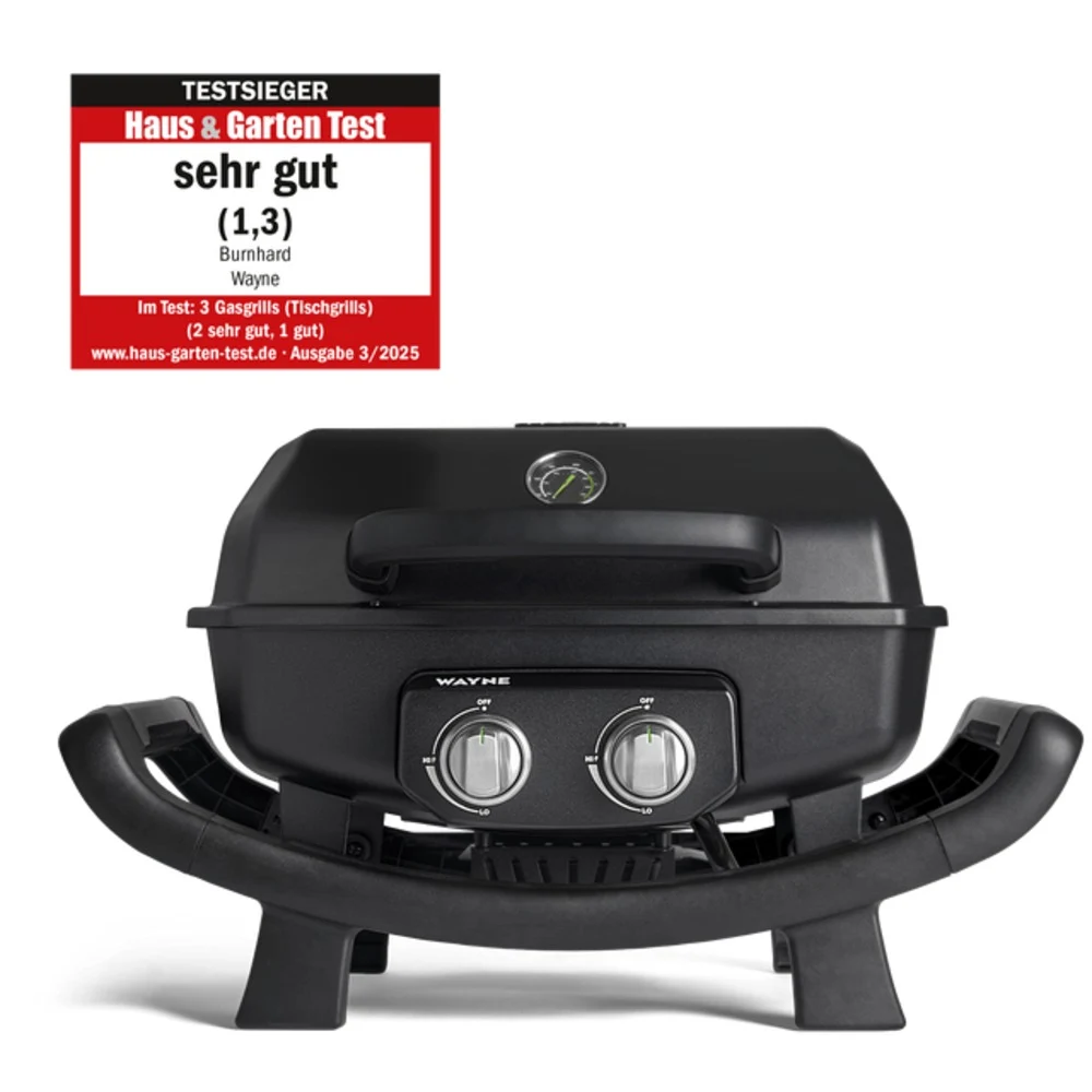 Burnhard WAYNE 2-Burner Balcony Gas Grill Series 2, 4.4kW, Up to 390 Degree C, 46 x 37 cm Cast Iron Grate, Thermometer and Cover, Black - 944219