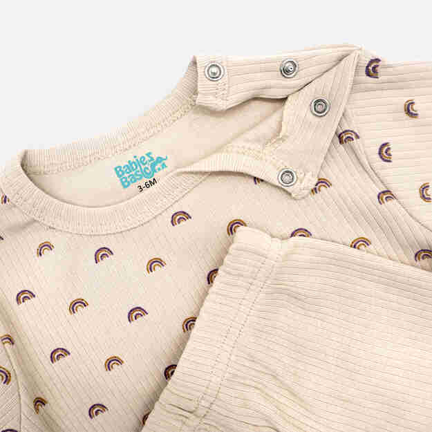 Babies Basic Ribbed Cotton Printed Short Sleeves T-shirt and Pyjama Set 6-12 Months Beige M745-TO-BEI-6-12-2PC - Image 4