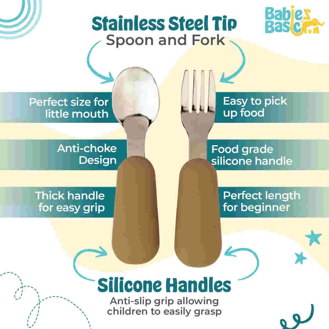 Babies Basic Stainless Steel Plate Bowl and Cup with Silicone Sleeve and Silicone handle Spoon and Fork for Kids Brown 12276-FEE-BRO-5PC - Image 3
