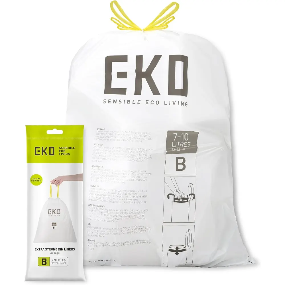 EKO Drawstring Bin Bags for 7-10L Bins, 25 Pack, Leak-Resistant MDPE Garbage Bags, Tear-Resistant Liners, Easy-Tie Handles, Roll Pack, White - EK33702