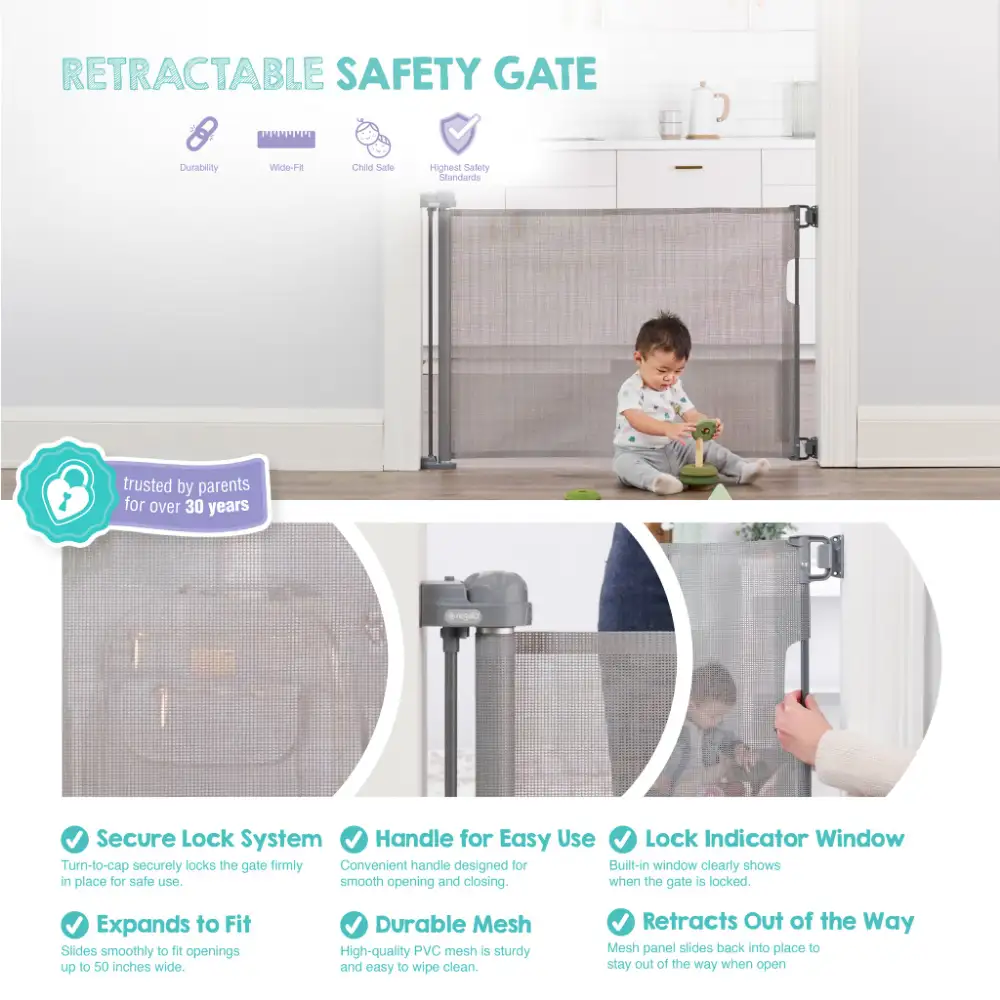 Regalo Extra Wide Retractable Baby Gate, Expands up to 50 Inches, Secure Mesh Barrier, Lock and Unlock Indicator, Hardware-Mount Installation, Pet-Friendly Design, 30 Inches Tall, Grey - 1850 G - Image 7