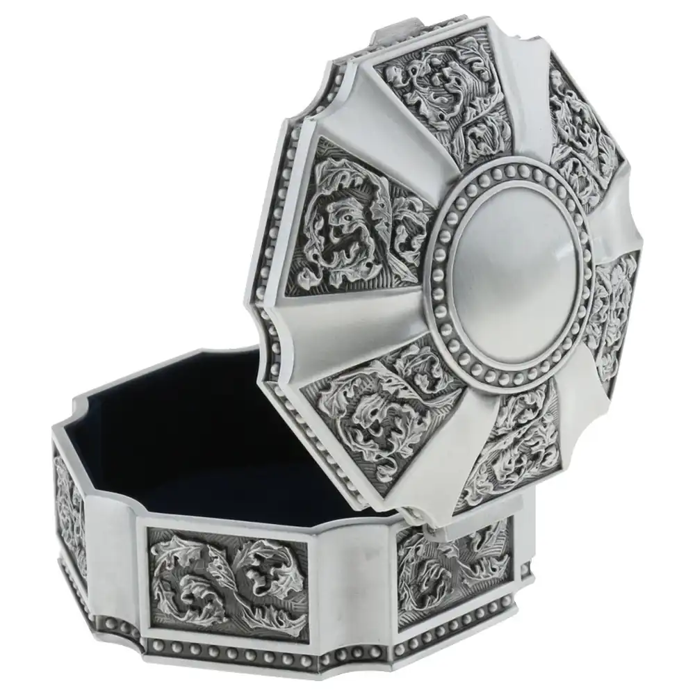 Classic Retro Vintage Silver Jewellery Box, Octagonal Embossed Floral Metal Trinket Case with Hinged Domed Lid and Lined Interior - Image 5